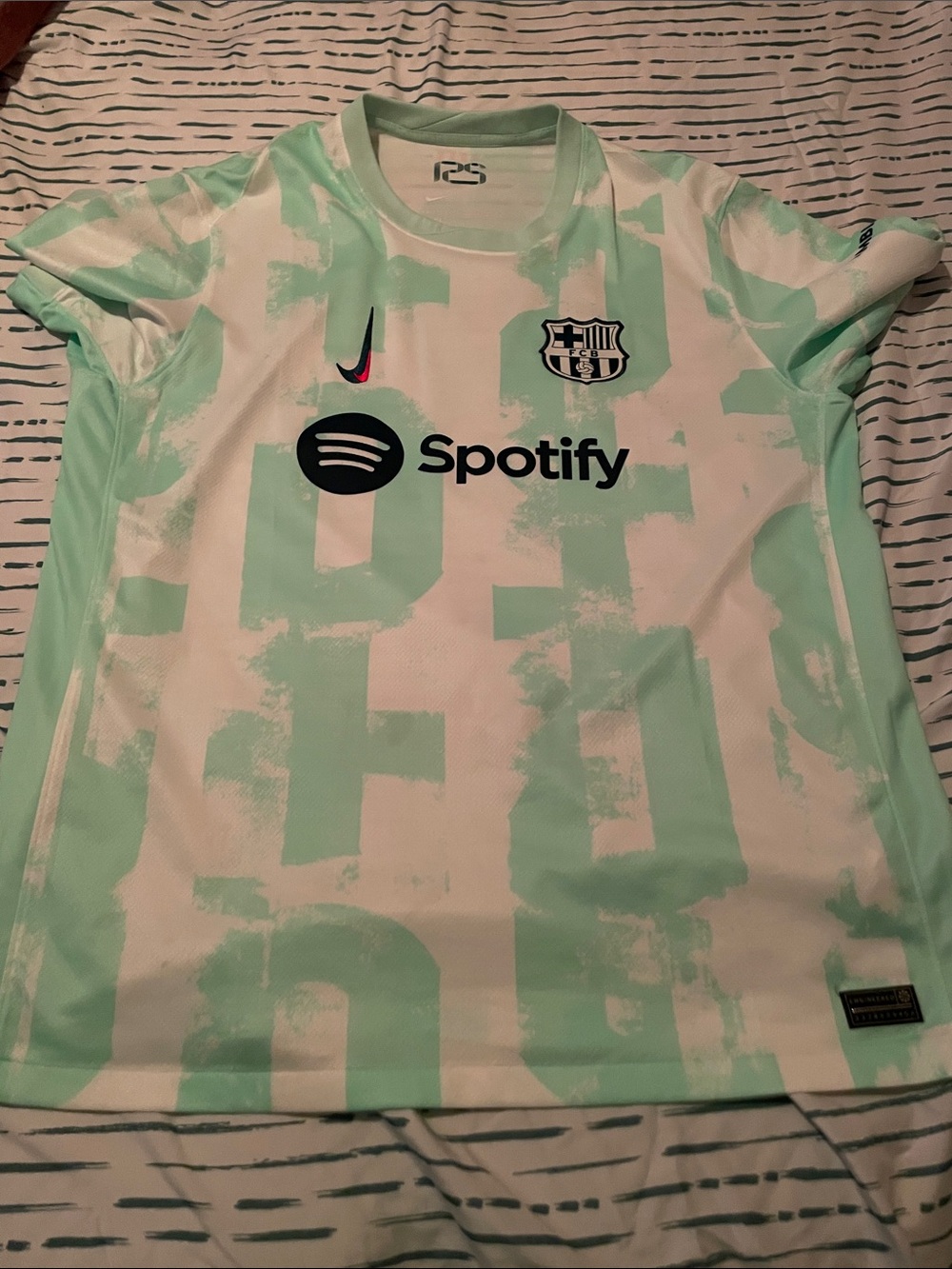 Nike x FC Barcelona Men Mint and White Soccer Jersey with Spotify Logo